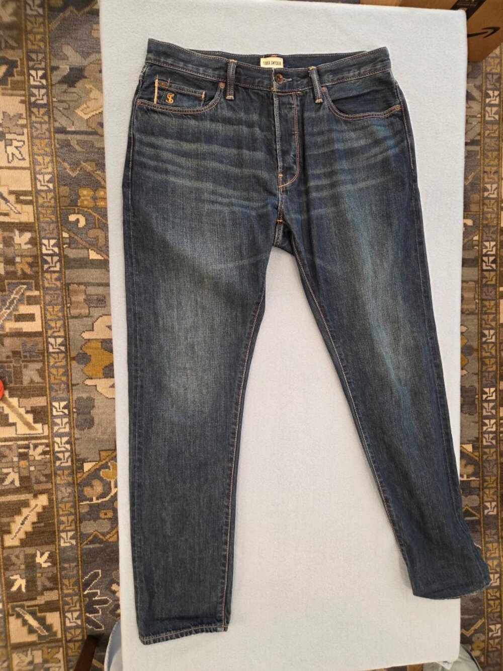 Todd Snyder Men's Distressed Dark Wash Slim Fit Denim Blue Jeans (33/32)